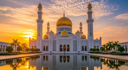Brunei's Grand Mosque with Golden Domes Reflecting a Fiery Sunset Sky.