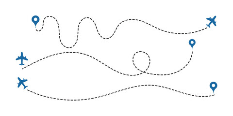 Plane route lines of aircraft tracking, location pins, planes, travel, map pins . plane icon follow from start pin point to finish by dashed line. eps 10 