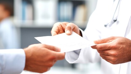 Doctor Handing Patient Document in Clinical Healthcare Setting