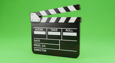 Realistic movie clapperboard icon for film production on a green screen background