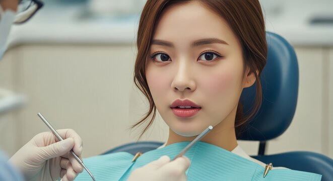 Close up shot of cheerful young woman being on dentist visit, undergoing dental treatment in medical clinic, demonstrating white perfect teeth. Dental care, hygiene and oral cavity concept