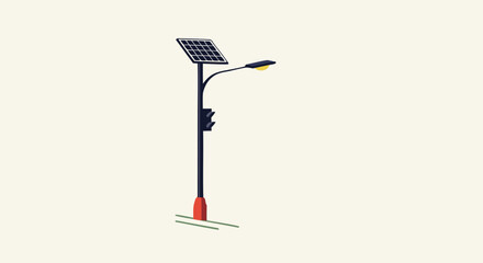 Minimalist illustration of a solar-powered street light with a traffic signal, showcasing eco-friendly technology and clean design aesthetics.
