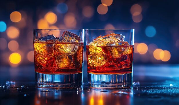 Two whiskey glasses with ice cubes on a table against bokeh lights, perfect for night bar parties or celebratory toasts