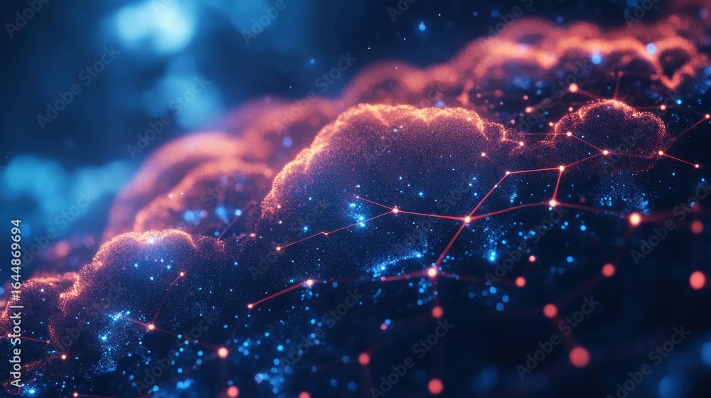 Poster abstract design of interconnected particles with glowing connections.