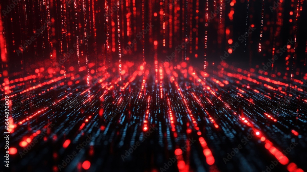 Poster digital data streams in red and blue on a dark background.
