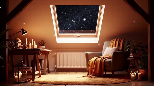 Cozy attic room at night with a skylight showing a starry sky, featuring a comfortable armchair and a warm, inviting ambiance.