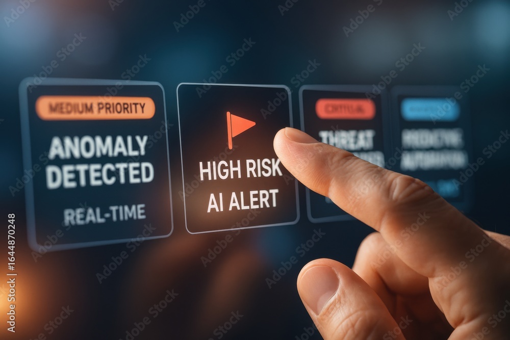 Aufkleber high risk ai alert on cybersecurity interface highlighting anomaly detection and threat warnings