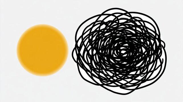 Yellow circle and a black spiral. The circle is a symbol of order and the spiral is a symbol of chaos. The image is meant to represent the idea that sometimes things can get messy