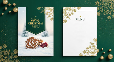 Christmas menu mockup with elegant green and gold design, festive holiday template with gingerbread cookie for restaurant special offer or winter party invitation