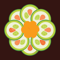 Cucumber and Orange Slices Arranged as a Flower Pattern - Vector Illustration
