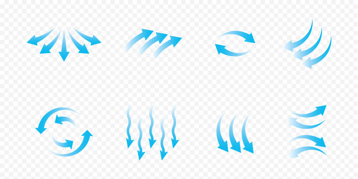 Air flow arrows set. Set of blue arrow showing wind air flow.  Blue air flow arrows showing wind circulation and ventilation.  Set of blue arrows showing direction of air movement. 