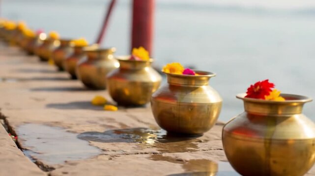 Golden Pots Adorned with Flowers Line Riverbank in Serene Ritualistic Scene
