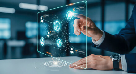 Fototapeta premium Artificial intelligence concept with hand touching futuristic screen, natural language processing and machine learning theme for business technology and data analysis background