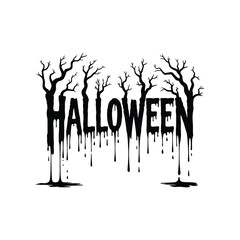 Spooky Halloween Vector Typography with Dripping Blood Effect and Bare Tree Branches in Black and White for Creepy Seasonal Design and Holiday Graphics