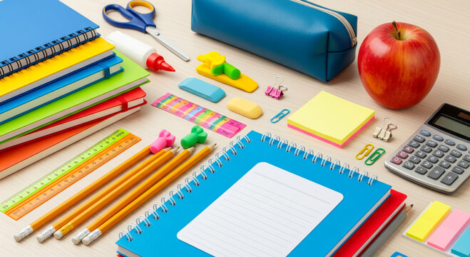 Back to school supplies on wooden desk background with colorful stationery for education concept. Student equipment including notebooks, pencils, calculator and apple for learning