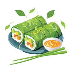 Fresh Spring Rolls with Dipping Sauce and Herbs - Vector Illustration