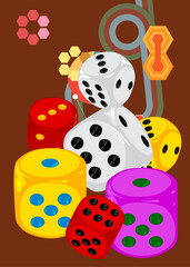 Retro 70s Background with dice. Groovy board game 1970s art template. Minimalistic Vintage design poster. Old-fashioned color artwork.