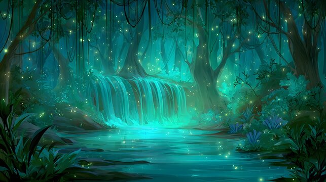 A magical, glowing waterfall cascading into a tranquil forest stream.