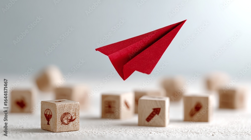 Poster red paper airplane is flying over a pile of wooden blocks. the blocks are arranged in a way that the