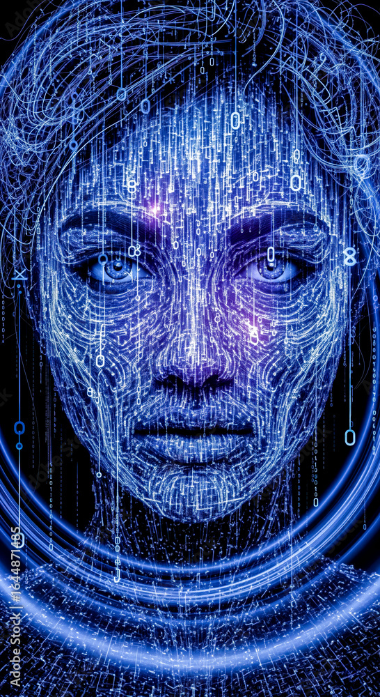 Poster artificial intelligence concept with human face made of digital code and glowing blue lines. future 