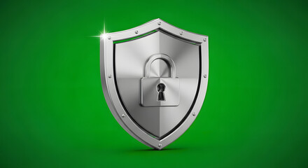 Metallic shield with a lock symbol representing data protection and online security concepts