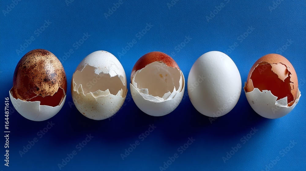 Poster five eggs, each with a different level of damage. the eggs are cracked and broken, with some shells 