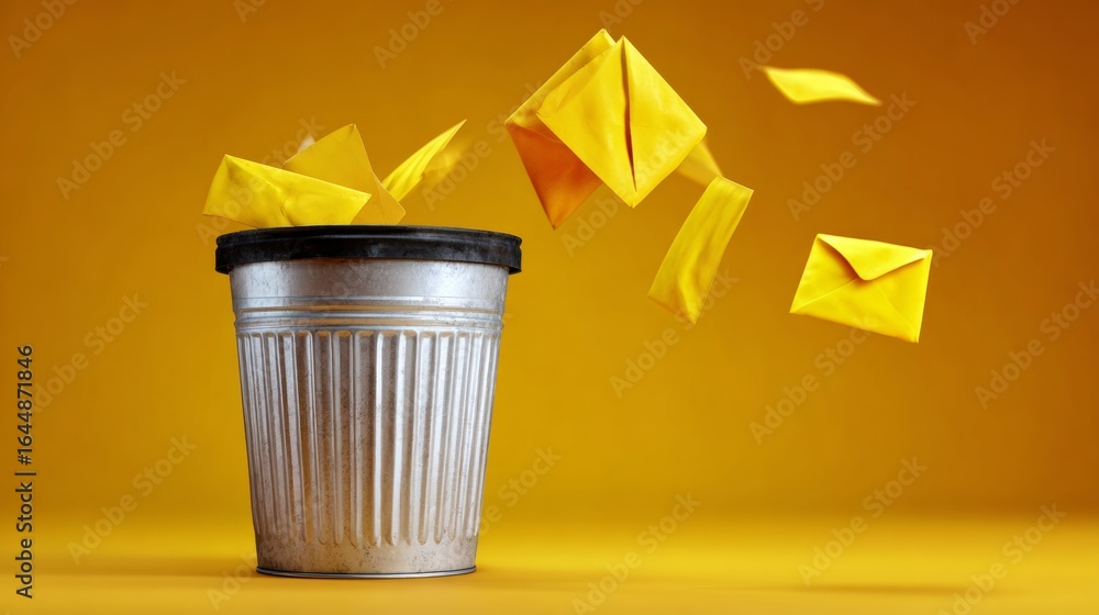 Aufkleber trash can filled with yellow envelopes is shown with the envelopes flying out of it. concept of chao