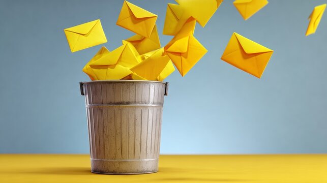 Bucket full of yellow envelopes is flying through the air. Concept of excitement and anticipation, as if the envelopes are being sent out to convey important messages or news
