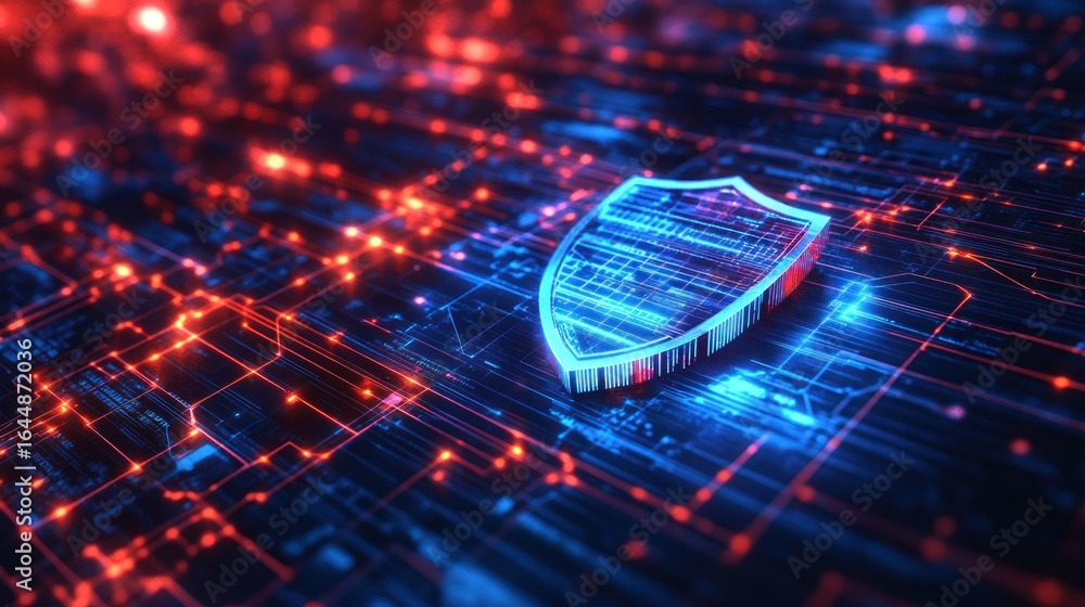 Poster digital shield graphic over circuit board pattern.