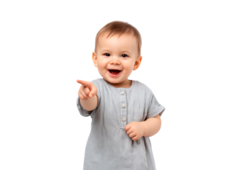 Smiling toddler pointing in gray shirt on transparent background, PNG