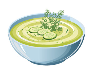A Bowl of Cucumber Soup with Dill Garnish - Vector Illustration