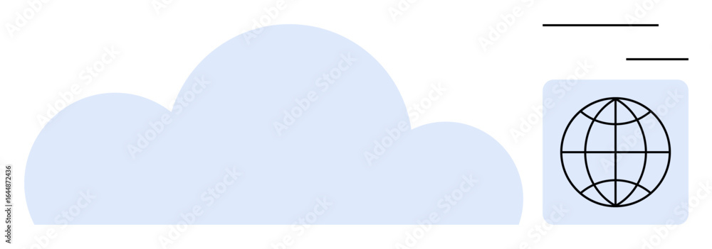 Poster large cloud shape with minimalistic globe symbol, representing global data sharing, cloud storage, a