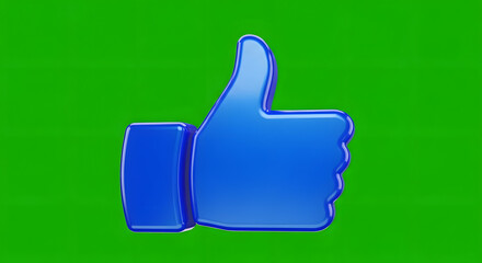 Shiny blue 3D thumbs up like button icon for social media on a green screen background.