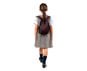 Young girl student walking with backpack in school uniform on transparent background, PNG