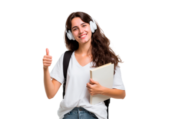 Woman student with headphones giving thumbs up on transparent background, PNG