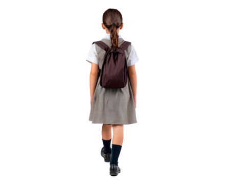 Young girl student walking with backpack in school uniform on transparent background, PNG