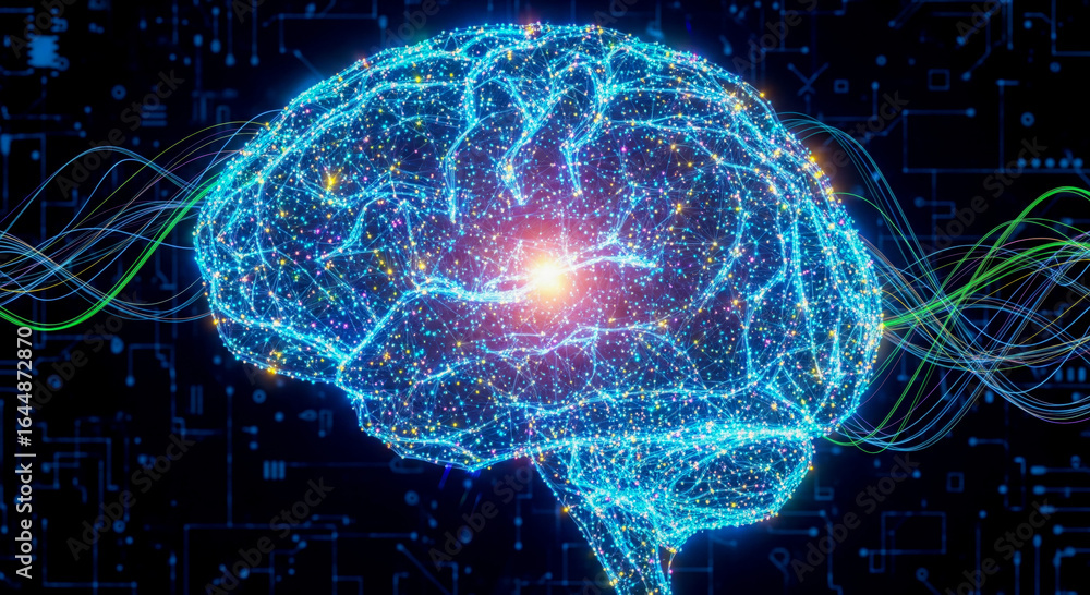 Poster digital brain processing information with data waves flowing through, concept of artificial intellig