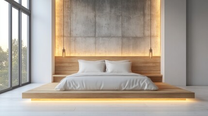 Modern bedroom interior with a platform bed and concrete wall.