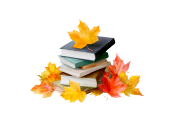 Stack of books with autumn leaves - cozy seasonal reading scene on transparent background, PNG