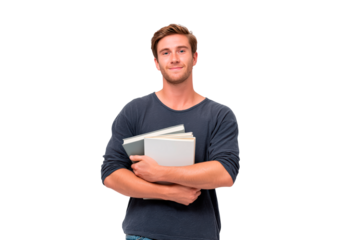 Man holding books with confident smile on transparent background, PNG