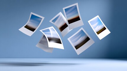 Collection of photos are floating in the air, creating a sense of motion and freedom. The photos are of various sizes and shapes, and they seem to be scattered all over the room
