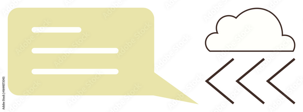 Poster yellow speech bubble with text lines and cloud with arrows representing communication or data storag