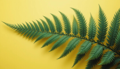 Fototapeta premium Monochrome green fern leaf on pastel yellow 3:4 1800x2400