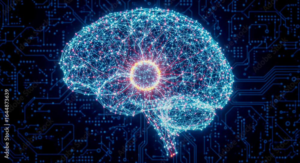 Poster artificial intelligence concept with digital brain, glowing plexus network on computer circuit board