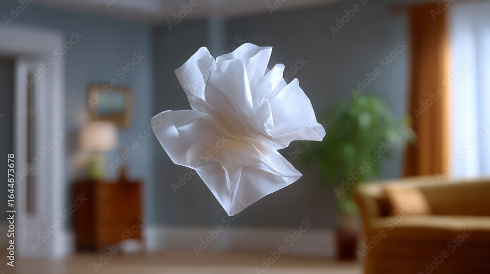Poster white tissue is floating in the air above a couch. concept of lightness and freedom, as the tissue i