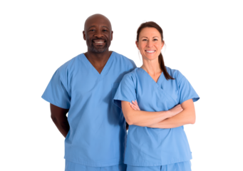 Man and woman healthcare professionals smiling in blue scrubs on transparent background, PNG