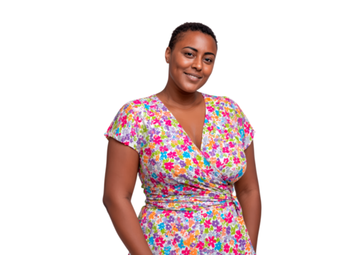 Confident woman in floral dress on on transparent background, PNG