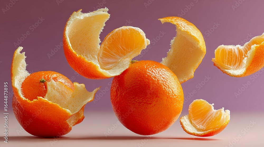 Poster close up of oranges with one of them being peeled. the oranges are floating in the air, giving the i