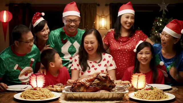 Filipino Family Gathered for Noche Buena Dinner With Traditional Lechon and Pancit on Display Wearing Festive Holiday Attire Around Wooden Table with Christmas Decorations Celebrating the Joyful