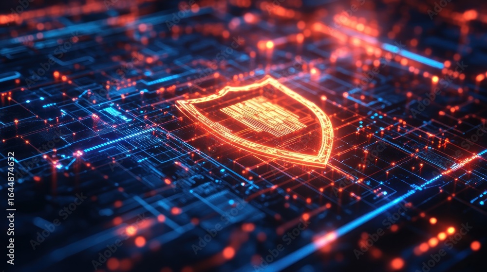 Poster abstract image of a digital shield over a circuit board.